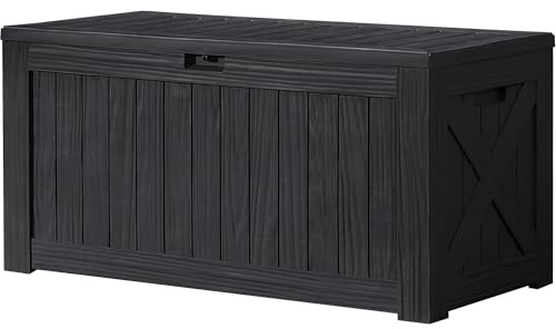 Devoko 120 Gallon Deck Box Resin Outdoor Storage Box Waterproof for Patio, Large Outdoor Storage Bench Lockable for Outside (Black)