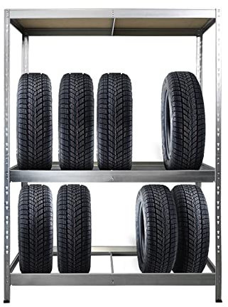 Floordirekt Étagère à pneus | Support pour pneus de voiture, étagère à pneus robuste pour 8 pneus à 2 niveaux, 180 x 130 x 50 cm (galvanisé)