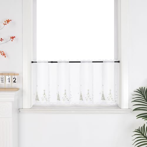 Joyswahl Scheibengardine Voile Bistrogardinen durch Lochleiste Transparent Kurzstores mit Weihnachten Muster Weihnachtsgardine mit goldenes Weihnachtsbaum-Muster HxB 30x120cm 1er Pack