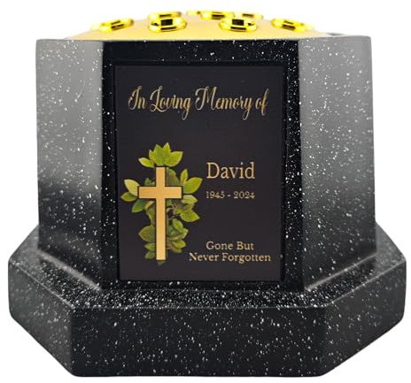 1stclassgifts Personalised Printed White or Black Memorial Rose Bowl Grave Marker Flower Pot Vase Cross Design With Printed Plate (UV PRINTED) (Black, Gold Lid/Black Plate)