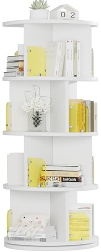 VECELO Rotating Bookshelf Tower, 360°Revolving Bookcase, Round Book Shelf Rotating, Stackable Storage Display Rack Floor Standing for Kids&Adults Solid Wood, White