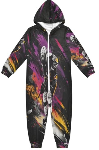 Mnsruu Pyjama une pièce à capuche pour enfants avec fermeture éclair et motif joueur de hockey sur glace, multicolore, 13 ans