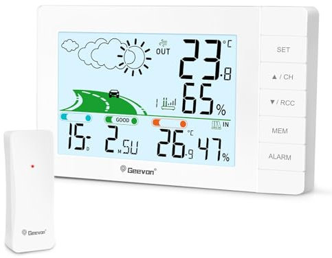 Geevon Station météo sans fil avec capteur extérieur, horloge radio numérique DCF, thermomètre d'intérieur numérique avec prévisions météorologiques, thermomètre d'intérieur à piles et hygromètre