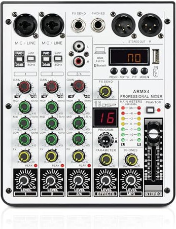 Controlador de DJ Mezclador de Audio de 4 Canales, Mezclador DJ con Interfaz de Audio USB, Función, 16 Efectos DSP y EQ de 3 Bandas (ARMX-4)