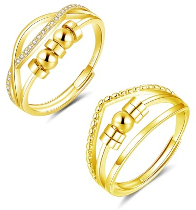 Kamise Anxiety Ring, 2PCS 925 Sterling Silber Ring Set, Anti Stress Ring | Hypoallergen, Liebespaar, Verstellbares Design, Perlen, Unisex, Zirkonia, Stimmungsring, für Frauen Herren, Geschenk, 3 g