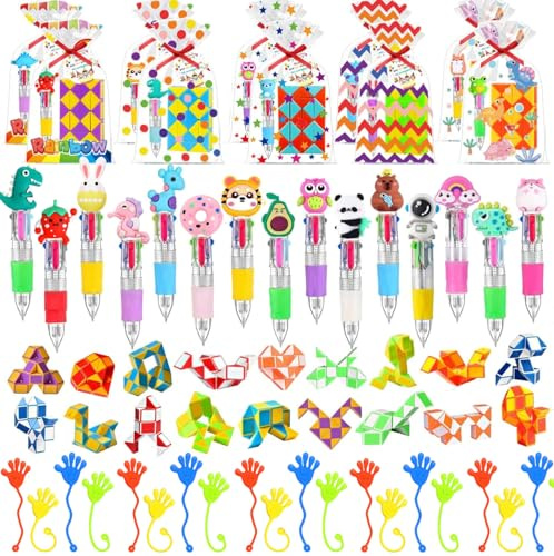 Tosoda Detalles Cumpleaños Infantiles Regalos Cumpleaños Niños Colegio Bolígrafos Bonitos Colores 4 in 1, Cubos Mágicos y Manos Pegajosas con Bolsitas de Regalo y Etiquetas de Cumple (24)