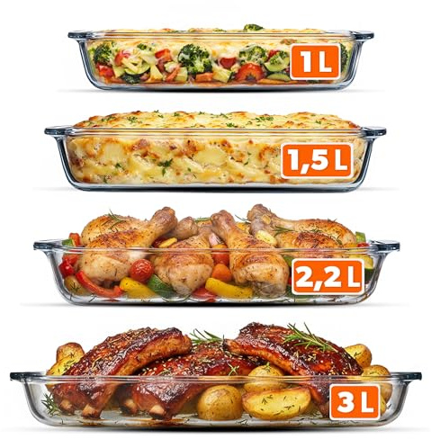 KADAX Set med 4 ugnsformar av värmebeständigt glas (1 l, 1,5 l, 2,2 l, 3 l), ugnssäker glasform för bakning, matlagning och servering, kompatibel