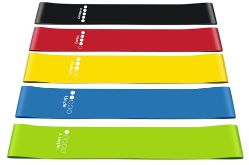 Juxtaposia Widerstandsband-Set 5 Stück – Fitnessbänder aus Natürlichem Kautschuk mit 5 Spannungsstärken für Krafttraining, Yoga und Physiotherapie – Tragbare Trainingsbänder für Beine, Arme & Bauch