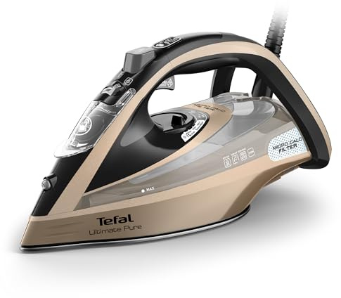 Tefal Ultimate Pure Steam Iron, 3100W, 300g/min Steam Boost, 350ml Water Tank, 2.5m Cord, Non-Stick Durilium Airglide Soleplate, Micro-Calc Filter, Anti Scale, Anti Drip, Black and Bronze FV9854G0