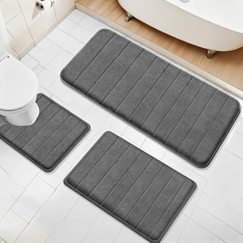 3 alfombrillas de baño de espuma viscoelástica suave y alfombrilla de inodoro en forma de U, antideslizante, lavable, suave y de secado rápido, alfombra de baño para ducha, inodoro, bañera (gris