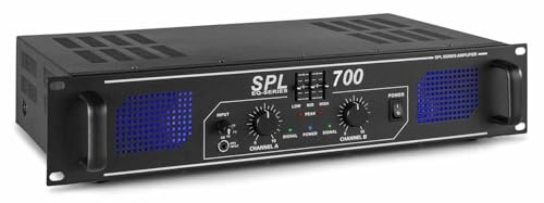Skytec SPL 700 Amplificador 2x 350W EQ, ecualizador de 3 bandas integrado, Audio 2.0, 3 tomas RCA, toma de 3,5 mm, indicador LED de clip, ideal para Hifi, perfecto para DJ avanzados