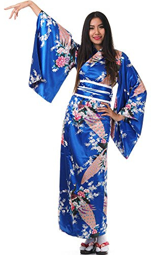 PRINCESS OF ASIA Traditioneller japanischer Geisha Yukata Kimono und Damen Samurai Kriegerin Kostüm aus Satin S M 36 38 40 42