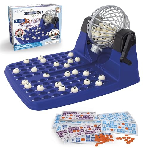 Chicos - Bingo Lotería automática con 72 cartones | Bingo Juego de Mesa Adulto e Infantil | 90 Bolas imborrables y fichas de Juego de Colores | Bombo con extracción automática (20905)
