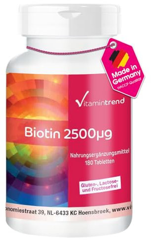 Vitamintrend Biotin 2,5mg, 180 Tabletten, hochdosiert, Nahrungsergänzungsmittel vegan ohne Magnesiumstearat, in Deutschland hergestellt