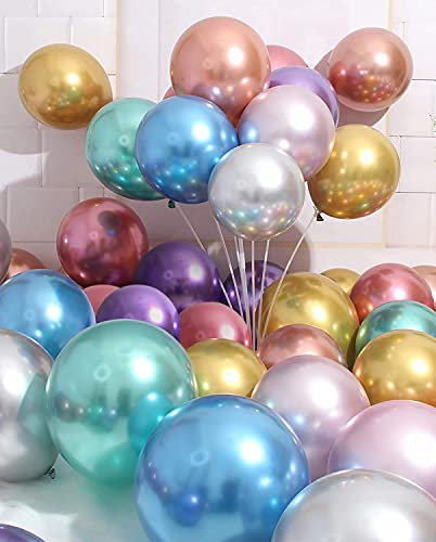 Unisun Metallic Mix Balloons, 50pcs 12inch Shiny Chrome Helium Thicken Latex for Baby Bridal Shower Birthday, Wedding Engagement Fiesta Party Decoration