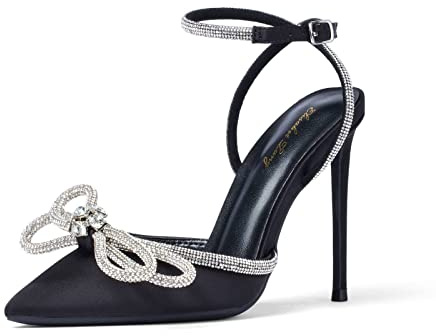 Zhabtuc Scarpe col Tacco Alto da Donna, Sandali con Lacci e Fiocco in Raso e Strass, Punta affilata, Cinturini con Fibbia alla Caviglia, Raso Nero, 40.5 EU