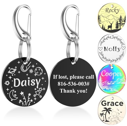 GISUREY Hundemarke mit Gravur - Edelstahl Hundemarke Personalisiert - Hundemarke Katzenmarke Doppelseitige Gravur - Haustiermarke Inklusive Schlüsselring mit 9 Designs (Rund - Multistyle)