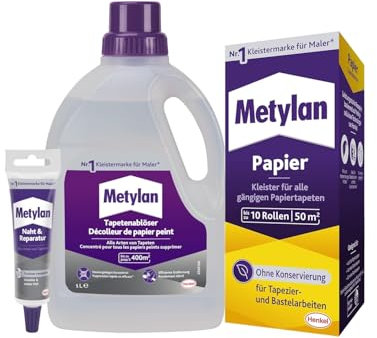 Metylan Papier, Tapetenkleister für Papiertapete (1x125g) & Metylan Naht- und Reparaturkleber (1x60g) & Metylan Tapetenablöser Aktiv-Konzentrat, löst problemlos (1x 1l)