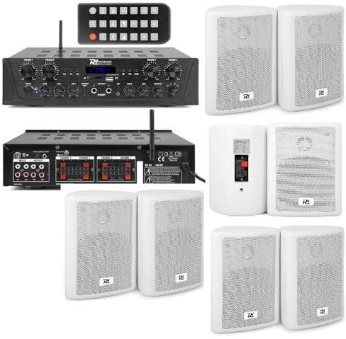 IMPIANTO AUDIO FILODIFFUSIONE 6 CANALI SEPARATI PER INTERNO ED ESTERNO CON CASSE DA PARETE (CON 6 CASSE MEDIE BIANCHE)