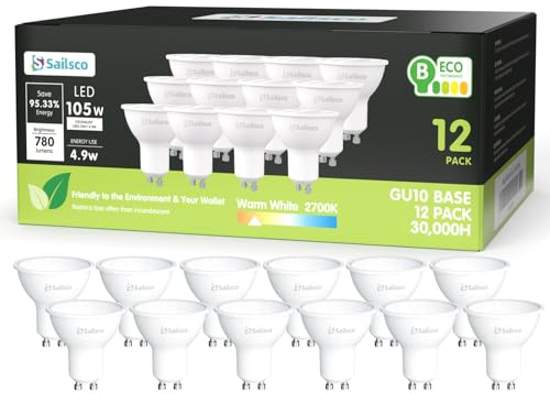 sailsco Classe B Ampoule GU10 LED Blanc Chaud,4.9W équivalent 105W,780LM 2700K Ampoule LED GU10 Blanc Chaud,110° Angle Du Faisceau,Non-Dimmable,Lot de 12