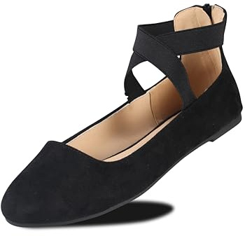 EMMA NEW YORK Ankle Strap Flats for Women, Women Flat Ballerina Shoes, Women's Ballet Flats with Strap (Su Black, 8)