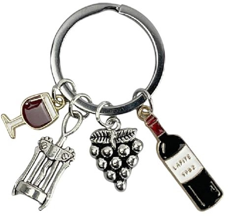 Porte-clés Cave à Vin - Accessoires Bouteille, Verre, Raisins et Tire-Bouchon - Unisexe