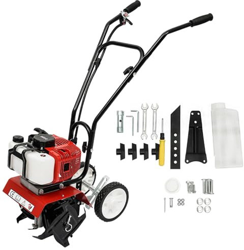RUETERY Rotavator Petrol Garden Tiller, 52 CC 2-Stroke Single Cylinder Air-Cooled, 30cm Cultivation Width, 3-12cm Cultivation Depth, 3 Wheels, 850ml Fuel Tank, Stepless Speed Control, Black, Red