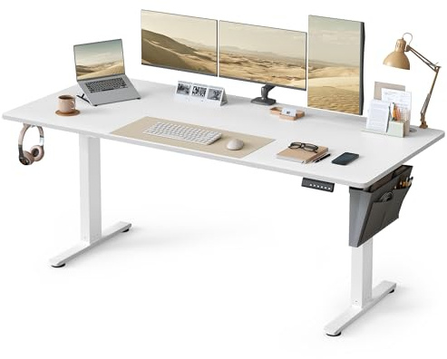 SONGMICS Höhenverstellbarer Schreibtisch elektrisch, 180 x 80 cm, stufenlos verstellbar, Memory-Funktion mit 4 Höhen, wolkenweiß LSD138W01