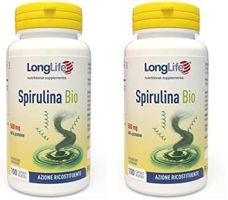 LongLife® Spirulina Bio | Alga spirulina titolata in proteine, ficocianina, clorofilla e carotenoidi | Biologica | Azione di sostegno e ricostituente | 100 capsule vegetali | Vegano e senza glutine