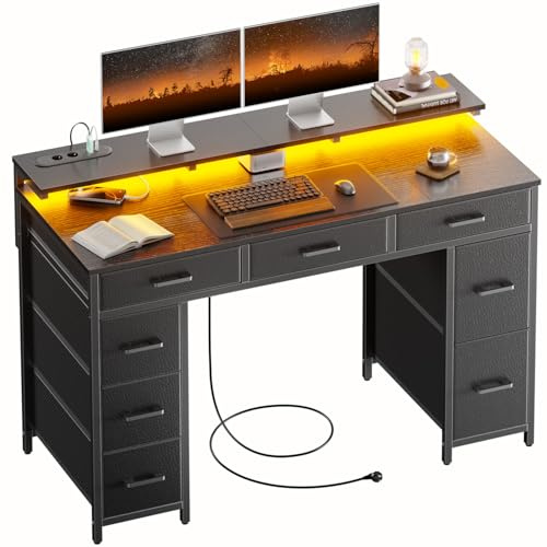 HLFURNIEU Scrivania con 8 Tessuto Cassetti, Tavolo Gaming con Presa di Corrente & Porta USB, Scrivania PC Salvaspazio con LED, Tavolo Ufficio con Supporto per Monitor (Nero, 120 × 50 cm)