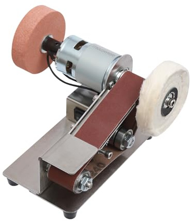 150W Mini Bandschleifer, 1-45° Einstellbarer Winkel Elektrischer Messerschärfer, 7-Stufig Verstellbarer Polierer mit 20-Teiligen Schleifbändern Stand Bandschleifer 17.5 x 11 x 4cm