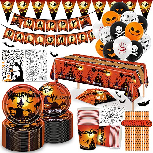JOTOL Set di Stoviglie a Tema Halloween,180pcs Forniture per Feste di Halloween per 25 Persone,Tema Zucca Halloween Stoviglie con 7-9 Pollici Piatti,Paglia,Tazza,Tovaglioli e Tovaglia