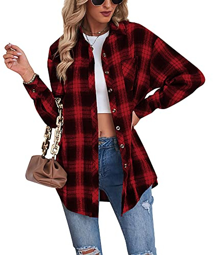 Buliezy Camicia Donna Blusa Quadri Camicia Flanella Manica Lunga Elegante Camicetta Classico Shirt Cotone Giacca Scozzese,Rosso,L