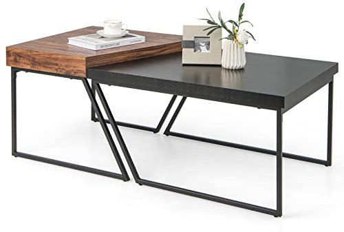 COSTWAY Couchtisch Holz, 2er Satztisch Set industriell, Beistelltisch mit Metallrahmen, 60 x 60 x 46cm + 80 x 60 x 42cm