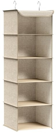SONGMICS Hängeorganizer, Schrank-Organizer, Hängeregal, Hängeaufbewahrung, faltbar und platzsparend, Metallhaken und Bambus-Einsätze, leinenartige Textur, sandbeige RCH005Y01