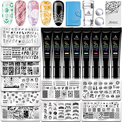 Biutee Kit de Stamping pour Ongles, 10 Plaques de Motifs Nail Art, 8 Couleurs de Gel de Stamping, Tampon Double et Cartes, Manucure DIY