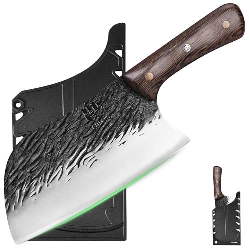 FULLHI Coltello da cuoco manico in legno Tang Butcher Knife con fodero 2pcs, coltello da cucina per esterni, campeggio barbecue (marrone, Coltello da cuoco serbo)