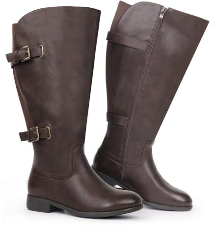 Chicblooms Damen-Stiefel, klassisch, breite Wade, mit flachem Absatz, doppelter Schnalle hinten, Stretch, kniehoch, Braun Synthetik EU 40.5