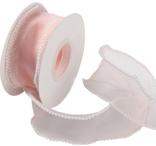 CABODYALS 4.57M 40mm Faux Pearl Edged Pink Organza Ribbon Fishtail Transparent Chiffon Trim Smooth Sheer Mesh Ribbons Rolls with Spool for Sewing Making Crafts Bouquet Decorations DIY Supply