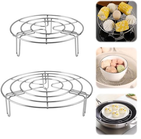 2 Stück Edelstahl Einlegerost Dampfrost, Kuchenrost Rund Dämpfen Rack,Kochständer Dampfgarer Einsatz, Kuchengitter für Luftfritteuse, Mikrowelle,Dampf,Schnellkochtopf,Küchenzubehör,Backen,15.5/19.5cm