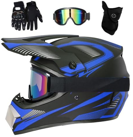 Jugend Kinder Integral Motocross Helm, mit Brille/Masken/Handschuhe, Unisex Doppelsport Offstraße Enduro Motorrad Absturz Helme, Bergab BMX MTB ATV Rennen Quad Dirtbikes Helm(Blue,L/56-57CM)