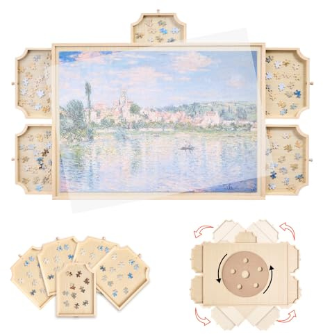 VEVOR Tablero de Rompecabezas Giratorio de 1000 Piezas con 5 Cajones y Cubierta, Sistema de Almacenamiento Organizador de Rompecabezas, Pino, para el Ocio y el Entretenimiento, 760 x 560 x 30 mm