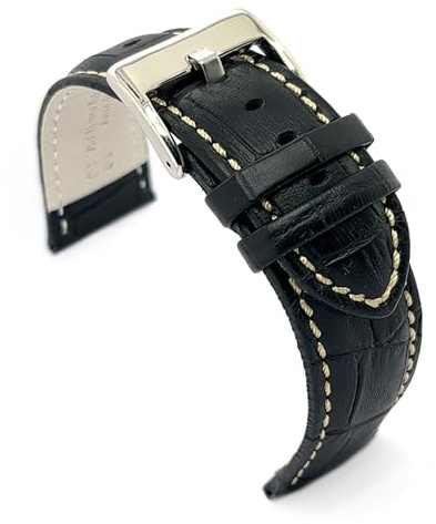 Diloy Bracelet montre cuir motif alligator sport 368 | Bracelet en cuir bovin sportif homme ou femme. Épaisseur 5 mm coutures blanches rouges et bleues avec pompe flash ou outils