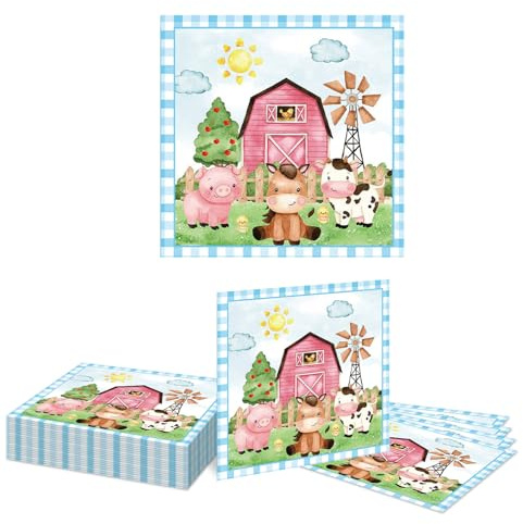 Kotkiddy 20 Pezzi Articoli per Feste Animali da Fattoria Tovaglioli Fattoria Compleanno Party Stalla Tema Animali Dolci Tovaglioli di Carta (Blu)