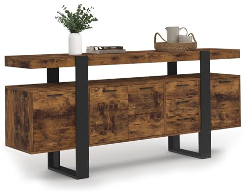 IDMarket - Buffet 180 cm Phoenix XXL 4 Portes avec 3 tiroirs Bois Effet Vieilli et Noir