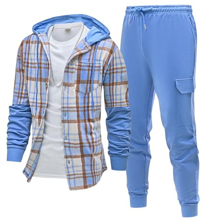 EDFTM Men's Outfits Sets Flannel Plaid Long Sleeve Hoodie and Cargo Sweatpants Men 2 Piece Sweatsuits for Outdoor, Loungewear Blue