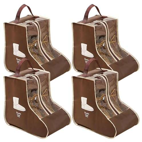 giteo bedding 4 Pack Portable Boot Storage, Waterproof and Dustproof Shoe Bags for Travel, Transparent Tall Boots Organizer with Handles for Women Men (Brown, Short)