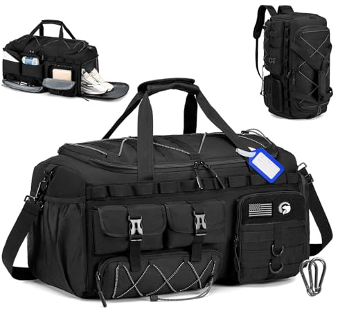 COSCOOA Gym Bags for Men with Shoe Compartment 60L Tactical Duffle Bag 3 in 1 Carry on Duffel Bag Travel Backpack Weekender Overnight Range Bag for Workout Football, Black