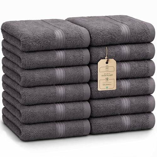 HomeBurg Luxe set med 12 tvättlappar – 100% bomull, mjuka och absorberande, lättskötta, premium för ansikte, 30×30 cm, Grå
