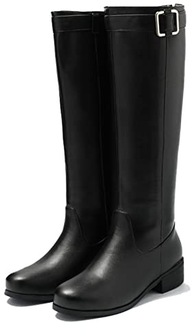 KUHAOFEU Stivali Alti al Ginocchio da Donna Stivali A Vitello Largo con Fibbia della Cintura Zip Invernali Scarpe Equitazione,Nero,46 EU